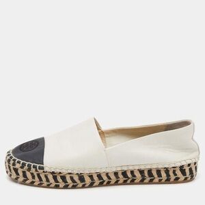 Tory Burch White/Black Leather Cap Toe Espadrille Flats